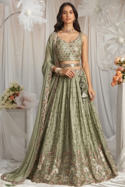 Lime Green Georgette Sequins Embroidery Lehenga Choli