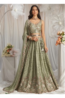 Lime Green Georgette Sequins Embroidery Lehenga Choli