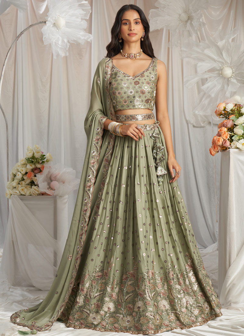 Lime Green Georgette Sequins Embroidery Lehenga Choli