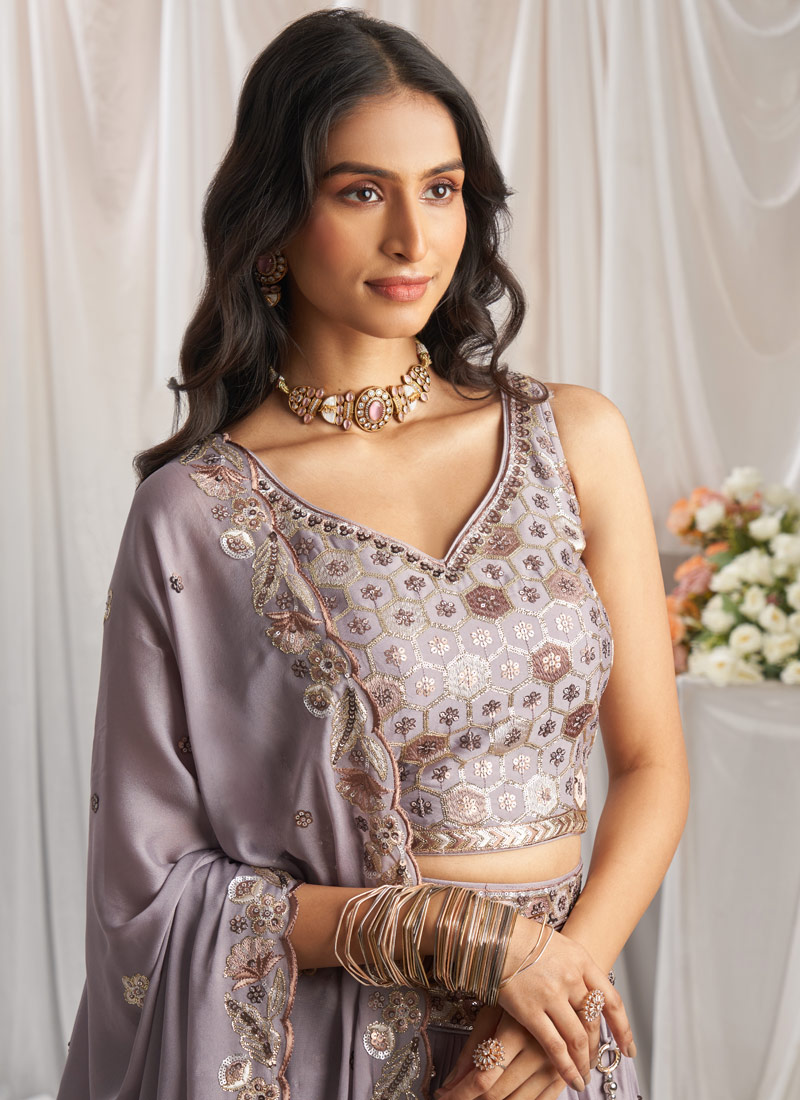 Mauve Georgette Sequins Embroidery Wedding Lehenga Choli