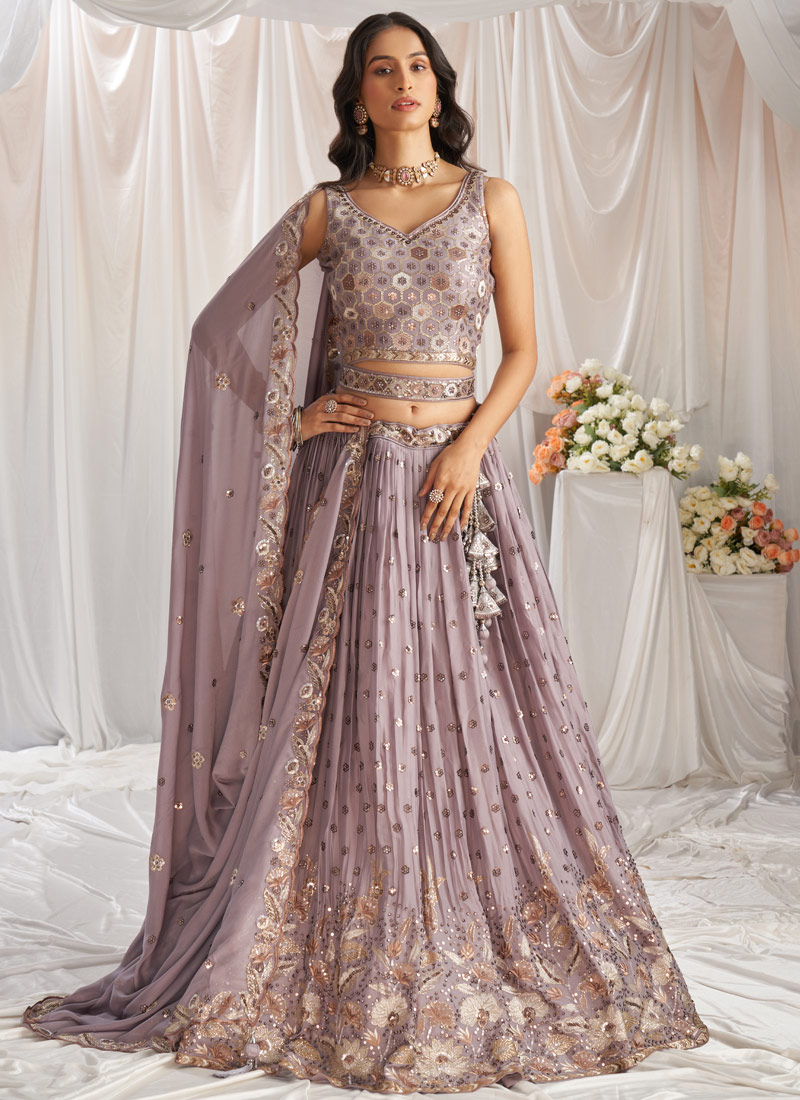 Mauve Georgette Sequins Embroidery Wedding Lehenga Choli