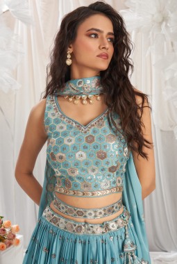 Turquoise Blue Georgette Sequin Embroidery Wedding Lehenga Choli
