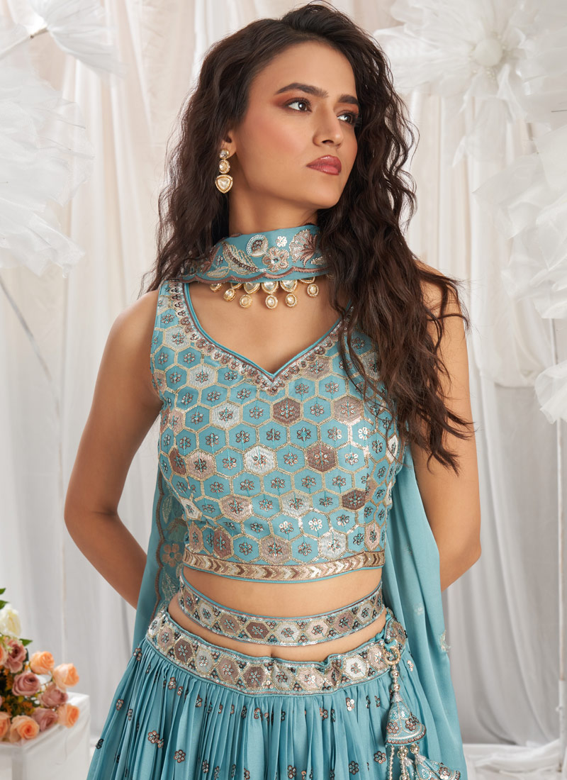 Turquoise Blue Georgette Sequin Embroidery Wedding Lehenga Choli