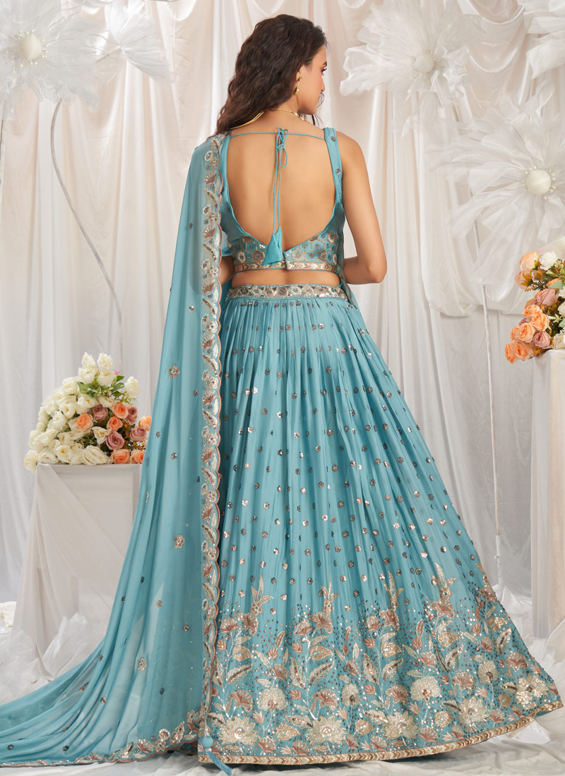 Turquoise Blue Georgette Sequin Embroidery Wedding Lehenga Choli