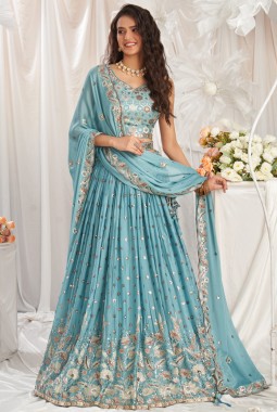 Turquoise Blue Georgette Sequin Embroidery Wedding Lehenga Choli