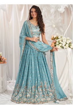 Turquoise Blue Georgette Sequin Embroidery Wedding Lehenga Choli