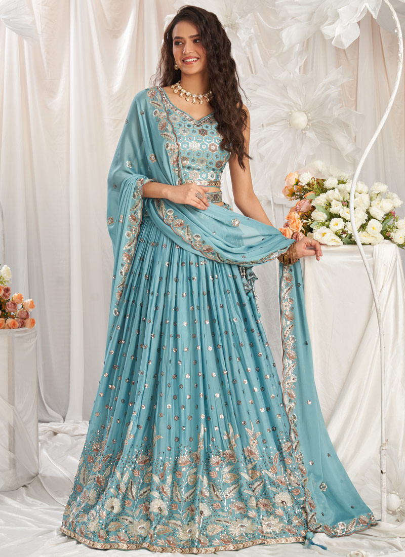 Turquoise Blue Georgette Sequin Embroidery Wedding Lehenga Choli