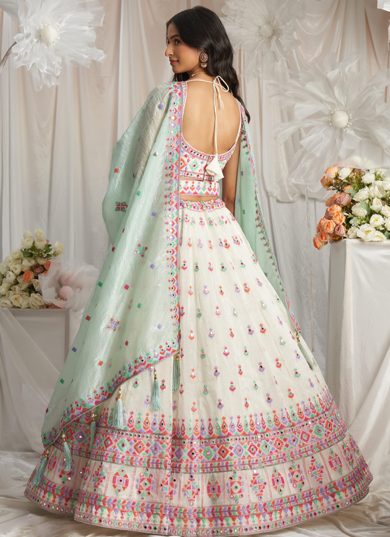 Cream Organza Sequins Mirror Embroidery Lehenga Choli