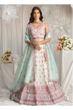 Cream Organza Sequins Mirror Embroidery Lehenga Choli