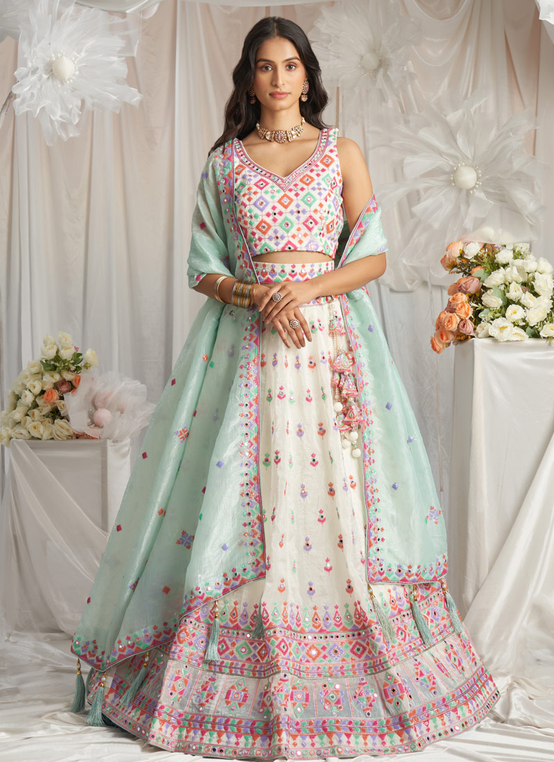 Cream Organza Sequins Mirror Embroidery Lehenga Choli