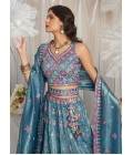 Teal Organza Mirror Embroidery Lehenga Choli