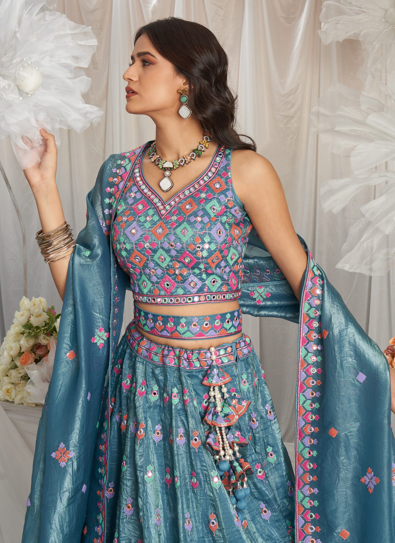 Teal Organza Mirror Embroidery Lehenga Choli