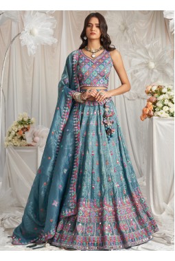 Teal Organza Mirror Embroidery Lehenga Choli