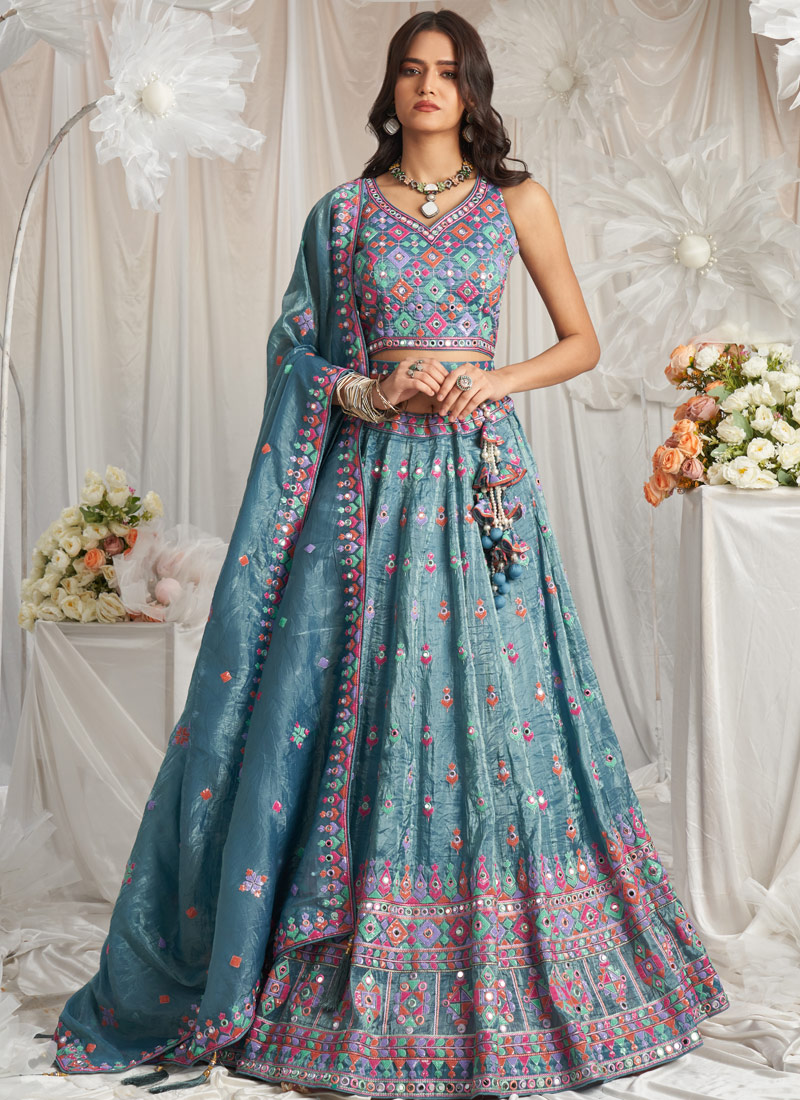 Teal Organza Mirror Embroidery Lehenga Choli