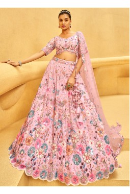 Pink Organza Sequins Embroidery Bridal Lehenga Choli
