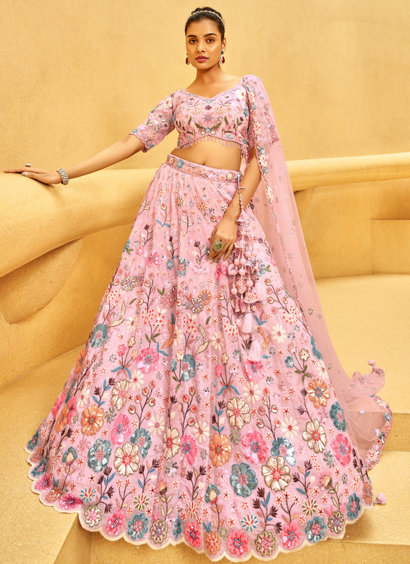 Pink Organza Sequins Embroidery Bridal Lehenga Choli