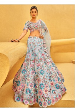Turquoise Blue Organza Sequins Embroidery Bridal Lehenga Choli