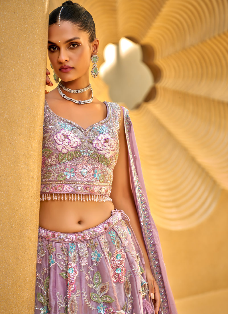 Lavender Organza Handwork Wedding Lehenga Choli