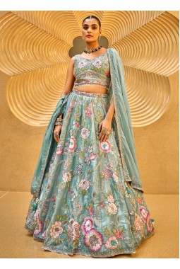 Sea Green Organza Handwork Bridal Lehenga Choli