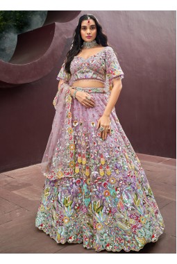 Mauve Net Zarkan Heavy Sequins Embroidery Wedding Lehenga Choli