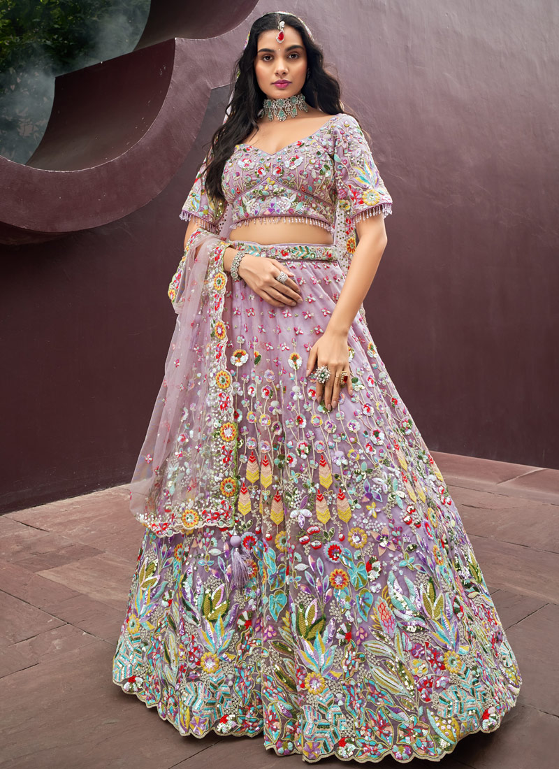 Mauve Net Zarkan Heavy Sequins Embroidery Wedding Lehenga Choli