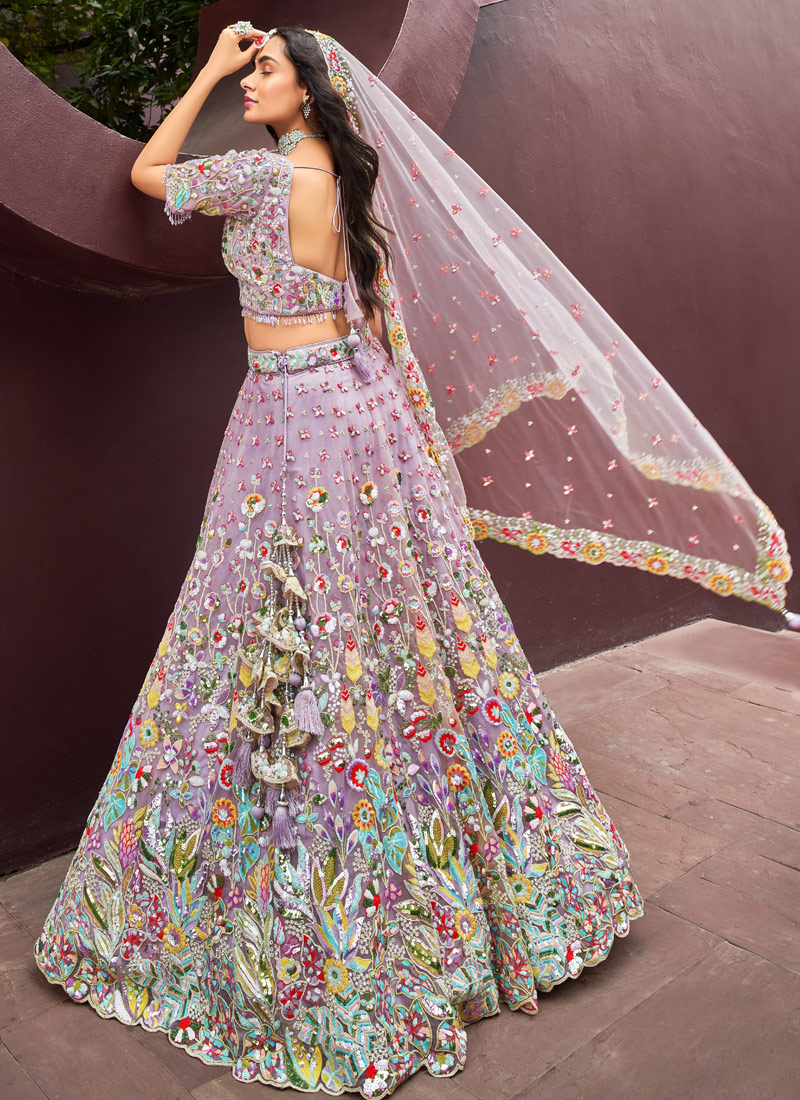 Mauve Net Zarkan Heavy Sequins Embroidery Wedding Lehenga Choli