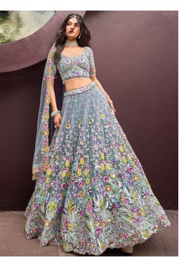 Turquoise Blue Net Zarkan heavy Sequin Embroidery Bridal Lehenga Choli