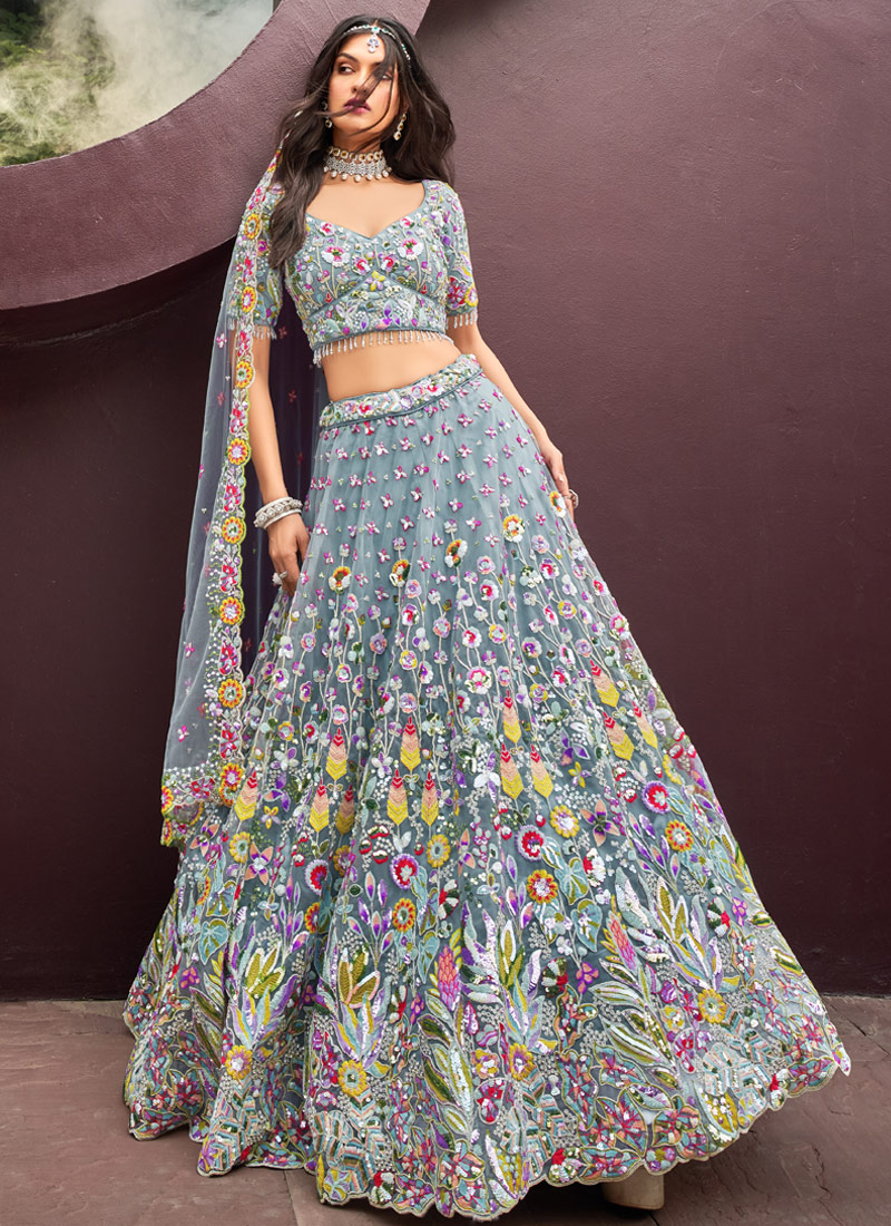 Turquoise Blue Net Zarkan heavy Sequin Embroidery Bridal Lehenga Choli