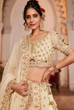Cream Tissue Sequins Embroidery Wedding Lehenga Choli