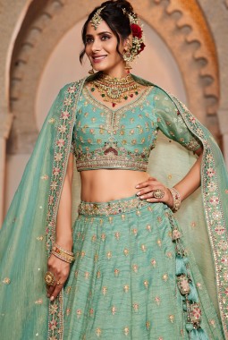 Lime Green Tissue Sequins Embroidery Wedding Lehenga Choli