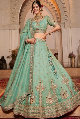 Lime Green Tissue Sequins Embroidery Wedding Lehenga Choli