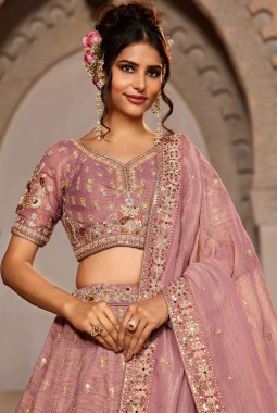 Pink Tissue Sequins Embroidery Wedding Lehenga Choli