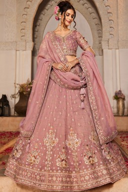 Pink Tissue Sequins Embroidery Wedding Lehenga Choli