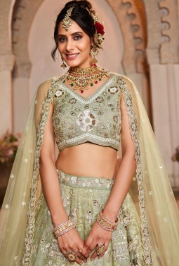 Lime Green Tissue Sequins Embroidery Wedding Lehenga Choli