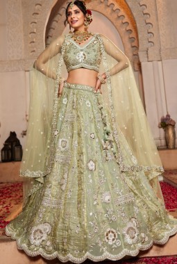 Lime Green Tissue Sequins Embroidery Wedding Lehenga Choli