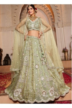 Lime Green Tissue Sequins Embroidery Wedding Lehenga Choli