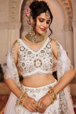 Off White Tissue Fabric Sequins Embroidery Wedding Lehenga Choli