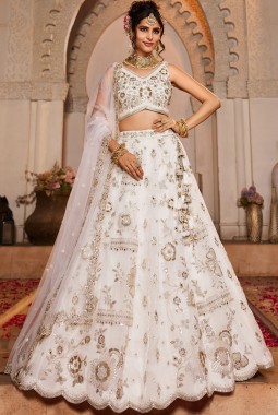 Off White Tissue Fabric Sequins Embroidery Wedding Lehenga Choli