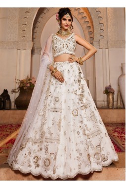 Off White Tissue Fabric Sequins Embroidery Wedding Lehenga Choli