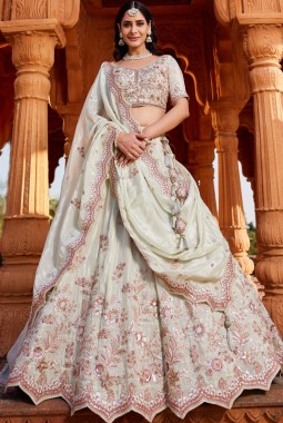 Lime Green Tissue Sequins Embroidery Wedding Lehenga choli