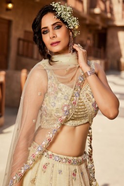 Cream Tissue Sequins Embroidery Wedding Lehenga Choli