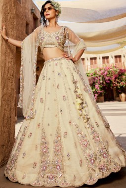 Cream Tissue Sequins Embroidery Wedding Lehenga Choli