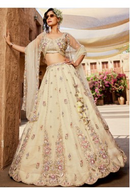 Cream Tissue Sequins Embroidery Wedding Lehenga Choli