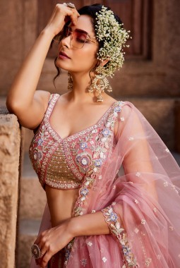 Pink Tissue Sequins Embroidery Wedding Lehenga Choli