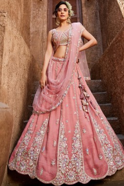 Pink Tissue Sequins Embroidery Wedding Lehenga Choli