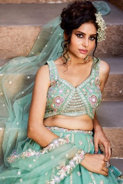 Sea Green Tissue Sequins Embroidery Wedding Lehenga Choli