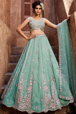 Sea Green Tissue Sequins Embroidery Wedding Lehenga Choli