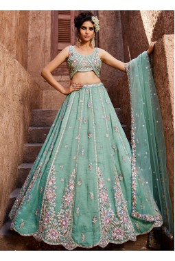 Sea Green Tissue Sequins Embroidery Wedding Lehenga Choli