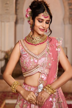 Pink Net Sequins Embroidery Wedding Lehenga Choli