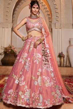 Pink Net Sequins Embroidery Wedding Lehenga Choli